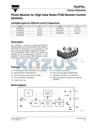 TSOP5240 datasheet - Photo Module for High Data Rates PCM Remote Control