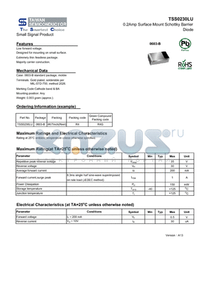 TSS0230LU datasheet - 0.2Amp Surface Mount Schottky Barrier Diode