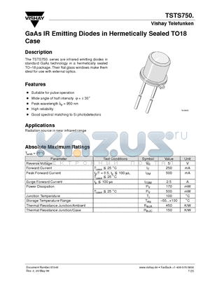 TSTS7500 datasheet - GaAs IR Emitting Diodes in Hermetically Sealed TO18 Case