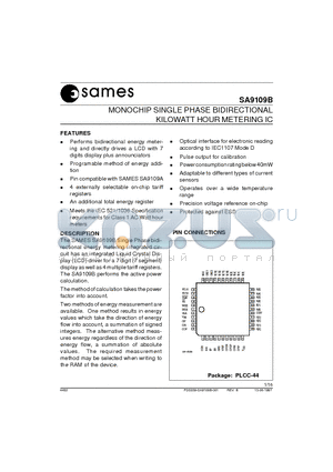 SA9109BFA datasheet - MONOCHIP SINGLE PHASE BIDIRECTIONAL KILOWATT HOUR METERING IC