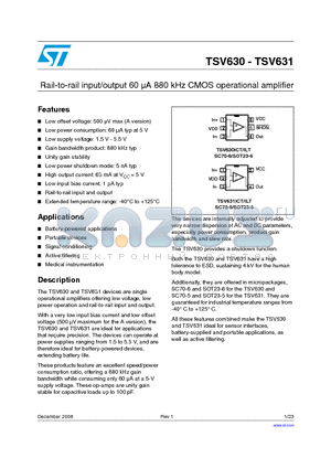 TSV630 datasheet - Rail-to-rail input/output 60 lA 880 kHz CMOS operational amplifier