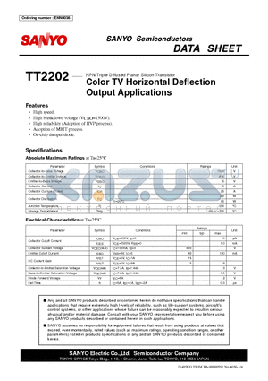 TT2202 datasheet - NPN Triple Diffused Planar Silicon Transistor Color TV Horizontal Deflection Output Applications