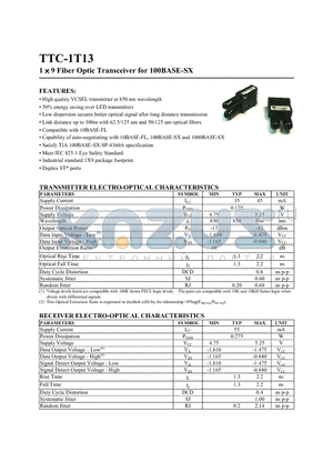 TTC-1T13 datasheet - 1 x 9 Fiber Optic Transceiver for 100BASE-SX