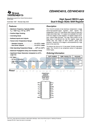 CD74HC4015MG4 datasheet - High Speed CMOS Logic Dual 4-Stage Static Shift Register