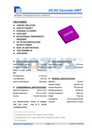 DUS-0515 datasheet - DC-DC Converter UNIT 5W UNREGULATED DC-DC CONVERTER