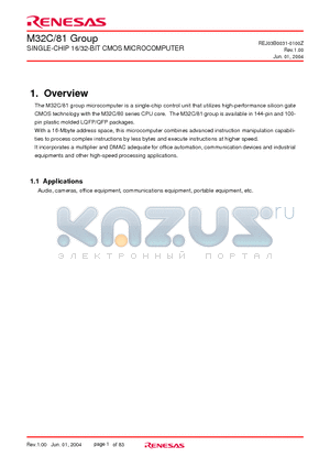 M3081LMC-XXXFP datasheet - SINGLE-CHIP 16/32-BIT CMOS MICROCOMPUTER