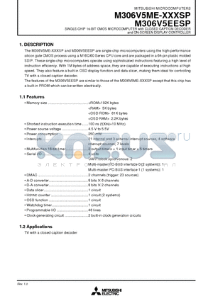 M306V5EESS datasheet - SINGLE-CHIP 16-BIT CMOS MICROCOMPUTER with CLOSED CAPTION DECODER and ON-SCREEN DISPLAY CONTROLLER