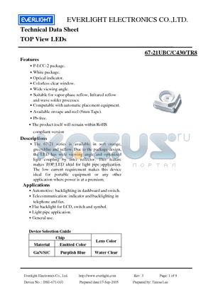 67-21UBC-C430-TR8 datasheet - TOP View LEDs