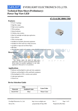 67-31AUBC-B001-TR8 datasheet - Technical Data Sheet (Preliminary) Power Top View LED