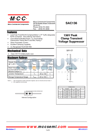 SAC136-TP datasheet - 136V Peak Clamp Transient Voltage Suppressor