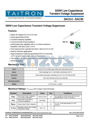 SAC15 datasheet - 500W Low Capacitance Transient Voltage Suppressor
