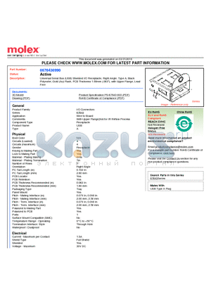 67643-0990 datasheet - Universal Serial Bus (USB) Shielded I/O Receptacle, Right Angle, Type A, BlackPolyester, Gold (Au) Flash, PCB Thickness 1.60mm (.063