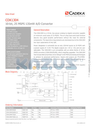 CDK1304CSO28_Q datasheet - 10-bit, 25 MSPS 135mW A/D Converter