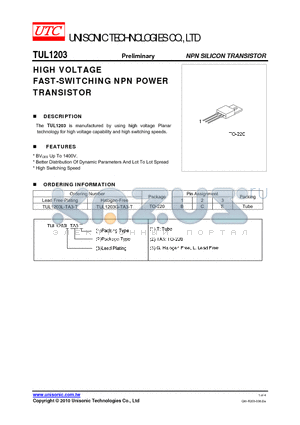 TUL1203 datasheet - HIGH VOLTAGE FAST-SWITCHING NPN POWER TRANSISTOR