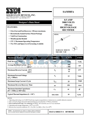 SAM50FA datasheet - 0.5 AMP 5000 VOLTS 150 nsec HIGH VOLTAGE RECTIFIER