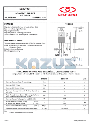 SB1040CT datasheet - SCHOTTKY BARRIER RECTIFIER VOLTAGE: 40V CURRENT: 10.0A