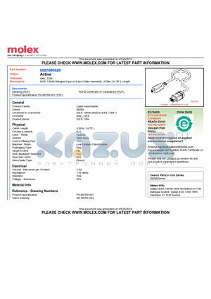 68769-0026 datasheet - IEEE 1394B Bilingual 9-pin-to-6-pin Cable Assembly, 4.50m (14.76 ) Length