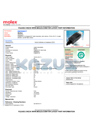 687830017 datasheet - DisplayPort*-to-DisplayPort* Cable Assembly