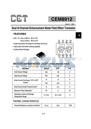 CEM8912 datasheet - Dual N-Channel Enhancement Mode Field Effect Transistor