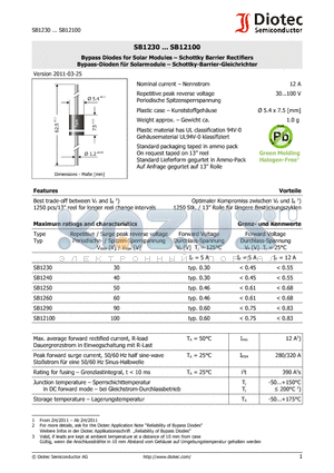 SB1230 datasheet - Bypass Diodes for Solar Modules - Schottky Barrier Rectifiers