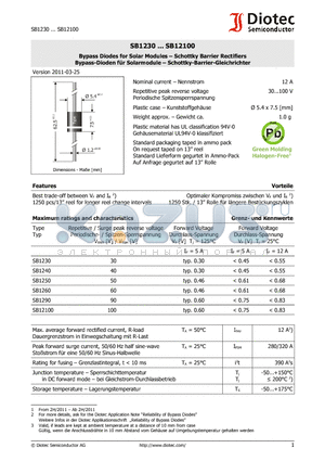 SB1260 datasheet - Bypass Diodes for Solar Modules - Schottky Barrier Rectifiers