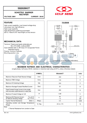 SB20200CT datasheet - SCHOTTKY BARRIER RECTIFIER VOLTAGE: 200V CURRENT: 20.0A