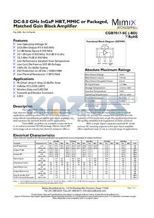 CGB7017-SC-0G00 datasheet - DC-8.0 GHz InGaP HBT, MMIC or Packaged, Matched Gain Block Amplifier