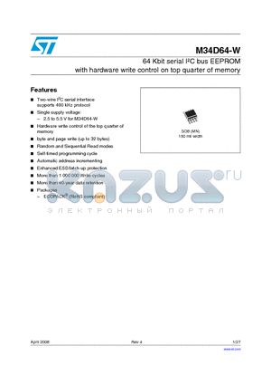 M34D64WMN6P datasheet - 64 Kbit serial IbC bus EEPROM with hardware write control on top quarter of memory