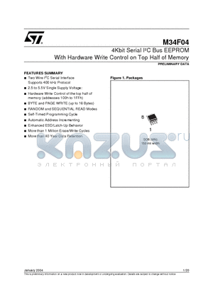 M34F04-WMN6TG datasheet - 4Kbit Serial I2C Bus EEPROM With Hardware Write Control on Top Half of Memory