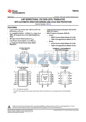 TXB0104YZTR datasheet - 4-BIT BIDIRECTIONAL VOLTAGE-LEVEL TRANSLATOR WITH AUTOMATIC DIRECTION SENSING AND 15-kV ESD PROTECTION