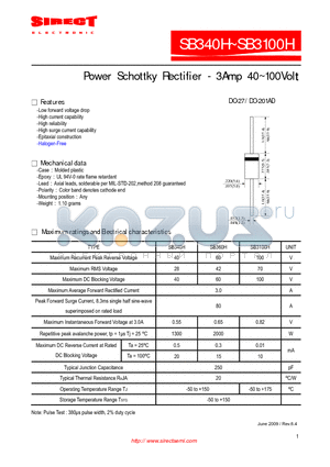 SB360H datasheet - Power Schottky Rectifier - 3Amp 40~100Volt