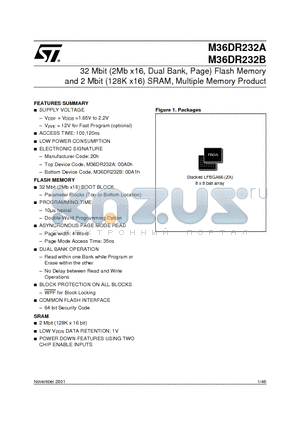 M36DR232AZA datasheet - 32 Mbit 2Mb x16, Dual Bank, Page Flash Memory and 2 Mbit 128K x16 SRAM, Multiple Memory Product