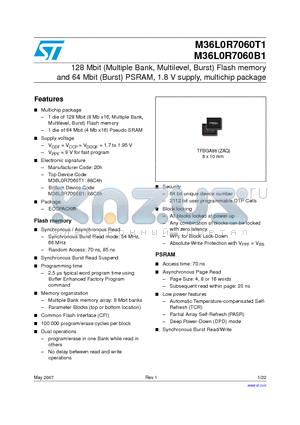 M36L0R7060B1 datasheet - 128 Mbit (Multiple Bank, Multilevel, Burst) Flash memory and 64 Mbit (Burst) PSRAM, 1.8 V supply, multichip package