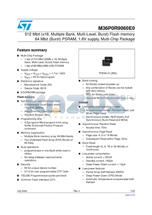 M36P0R9060E0ZACE datasheet - 512 Mbit (x16, Multiple Bank, Multi-Level, Burst) Flash memory 64 Mbit (Burst) PSRAM, 1.8V supply, Multi-Chip Package