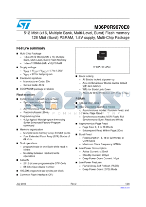 M36P0R9070E0 datasheet - 512 Mbit (x16, Multiple Bank, Multi-Level, Burst) Flash memory 128 Mbit (Burst) PSRAM, 1.8V supply, Multi-Chip Package