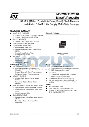 M36W0R5020T0ZAQT datasheet - 32 Mbit (2Mb x16, Multiple Bank, Burst) Flash Memory and 4 Mbit SRAM, 1.8V Supply Multi-Chip Package