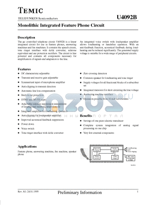 U4092B datasheet - Monolithic Integrated Feature Phone Circuit