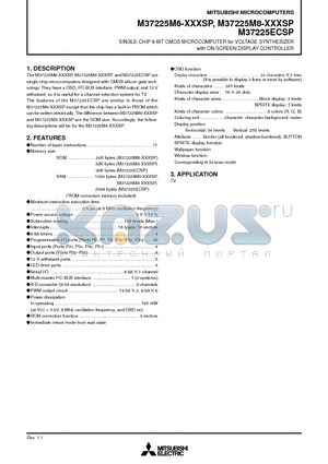 M37225M6 datasheet - SINGLE-CHIP 8-BIT CMOS MICROCOMPUTER for VOLTAGE SYNTHESIZER with ON-SCREEN DISPLAY CONTROLLER