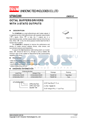 U74AC240L-P20-R datasheet - OCTAL BUFFERS/DRIVERS WITH 3-STATE OUTPUTS