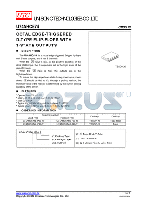 U74AHC574L-P20-T datasheet - OCTAL EDGE-TRIGGERED D-TYPE FLIP-FLOPS WITH 3-STATE OUTPUTS