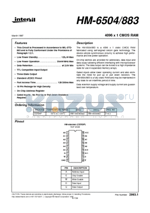 HM-6504/883 datasheet - 4096 x 1 CMOS RAM