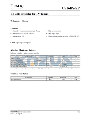 U816BS-SP datasheet - 1.1-GHz Prescaler for TV Tuners