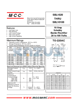 SBL1020 datasheet - 10 Amp Schottky Barrier Rectifier 20 to 100 Volts