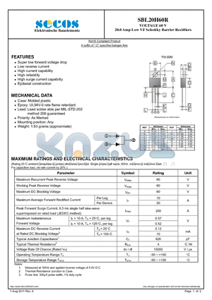 SBL20H60R datasheet - VOLTAGE 60 V 20.0 Amp Low VF Schottky Barrier Rectifiers