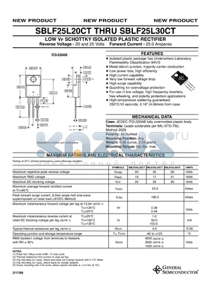 SBLF25L20CT datasheet - LOW VF SCHOTTKY ISOLATED PLASTIC RECTIFIER