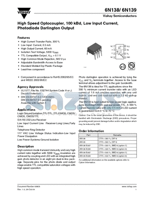 6N139-X009 datasheet - High Speed Optocoupler, 100 kBd, Low Input Current, Photodiode Darlington Output