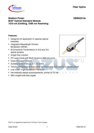 SBM51414N datasheet - Medium Power BIDI Optical Standard Module 1310 nm Emitting, 1550 nm Receiving