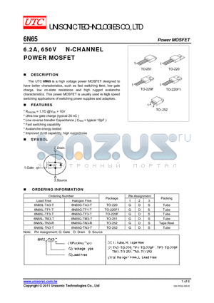 6N65G-TF1-T datasheet - 6.2A, 650V N-CHANNEL POWER MOSFET