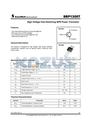 SBP13007 datasheet - High Voltage Fast-Switching NPN Power Transistor