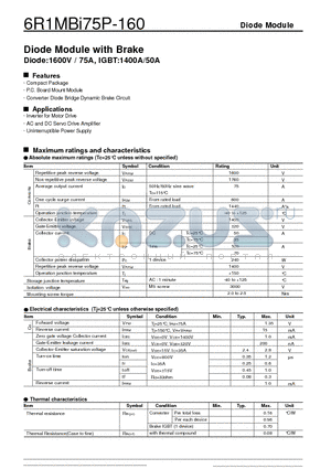6R1MBI75P-160 datasheet - Diode Module with Brake Diode:1600V / 75A, IGBT:1400A/50A